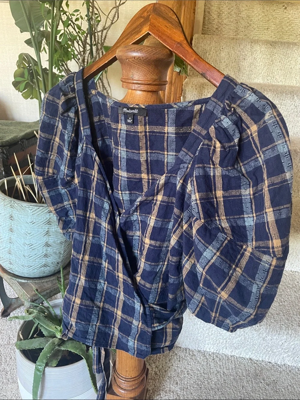 Madewell Navy and Tan Plaid Wrap Blouse with Puff Sleeves